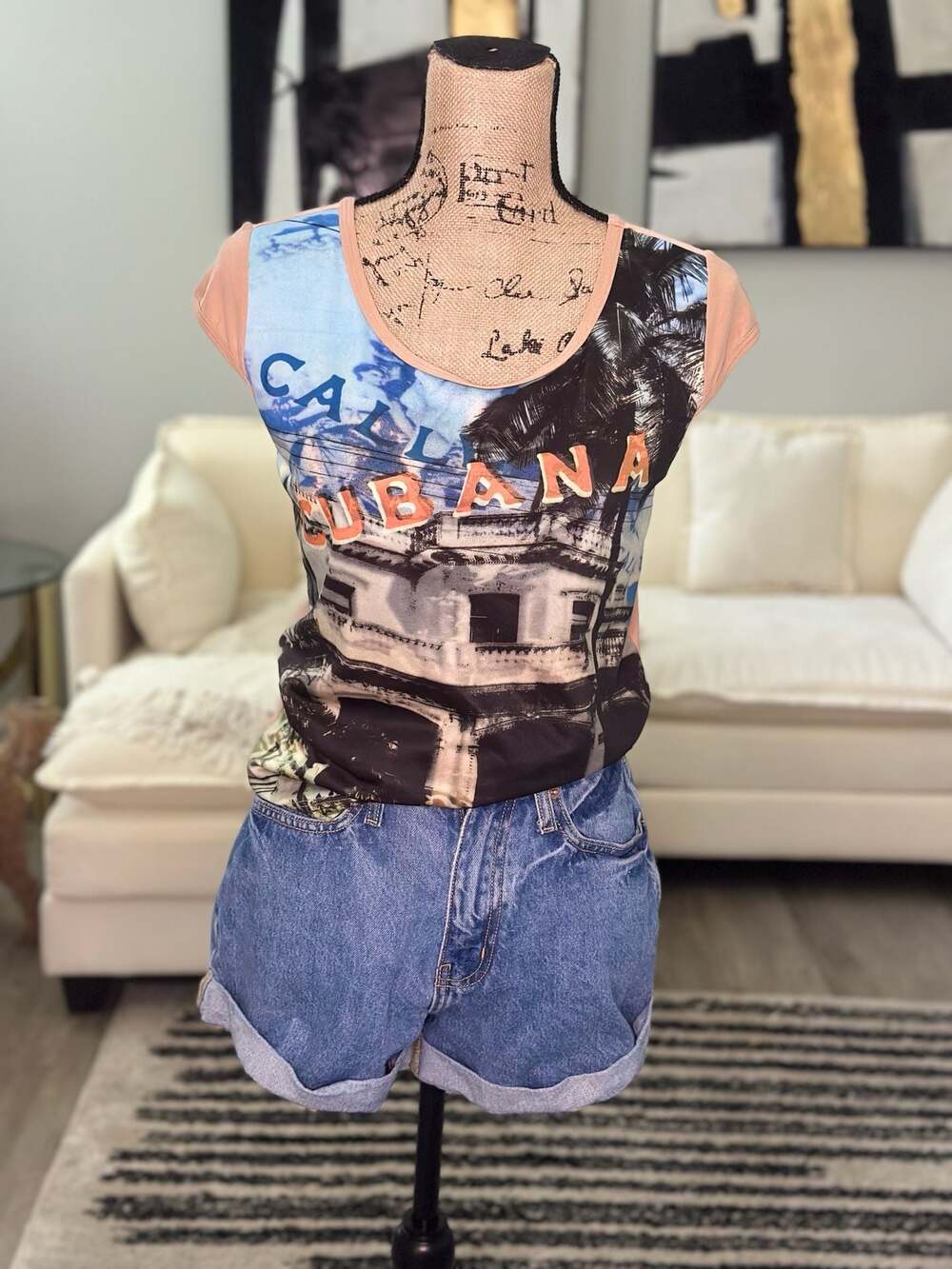 Nally & Millie Cubana Graphic Scenic Print Cap Sleeve Top